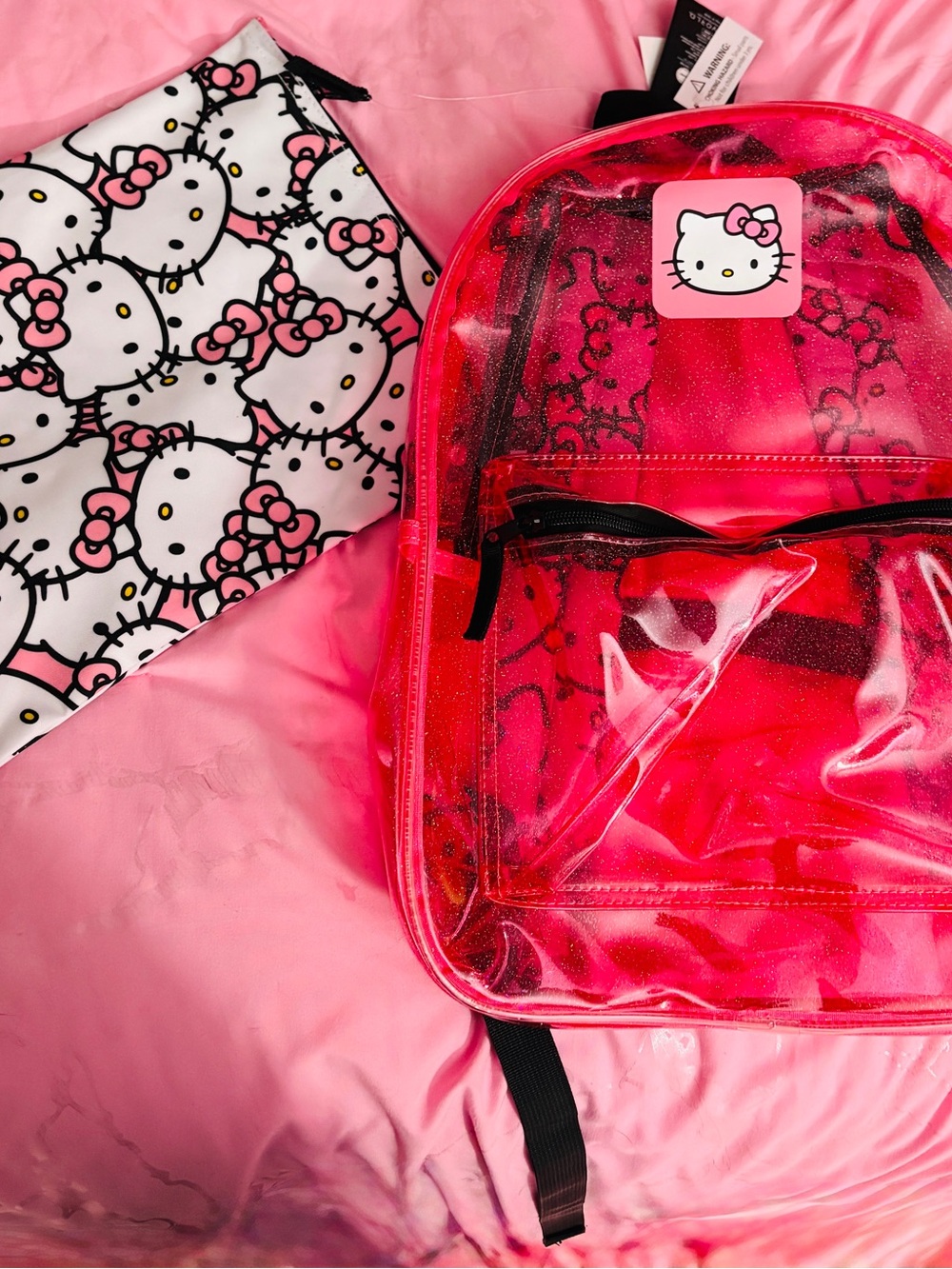 Hello Kitty Hot Pink Glitter Clear Backpack with Hello Kitty Pouch